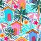 Beach Hut Bonanza Wallpaper in Pinks and Blues