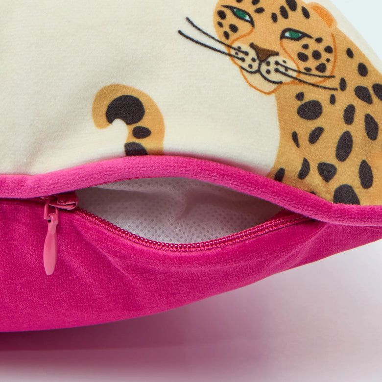 Belize Leopard Square Cushion in Blush on the Cat that Licked the Cream