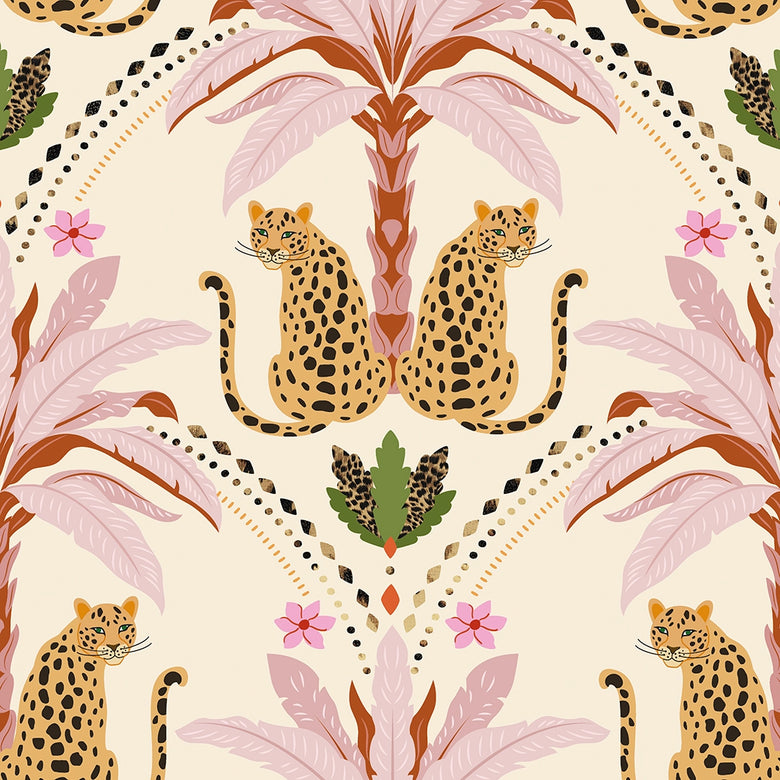 Sample of Belize Leopard Wallpaper in Blush on the Cat That Licked the Cream