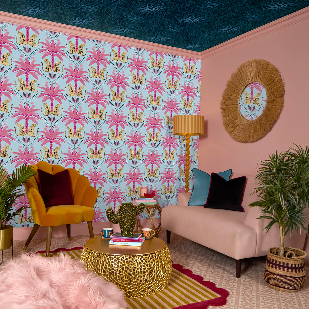 Belize Leopard Wallpaper in Hot Pink on Blueberry