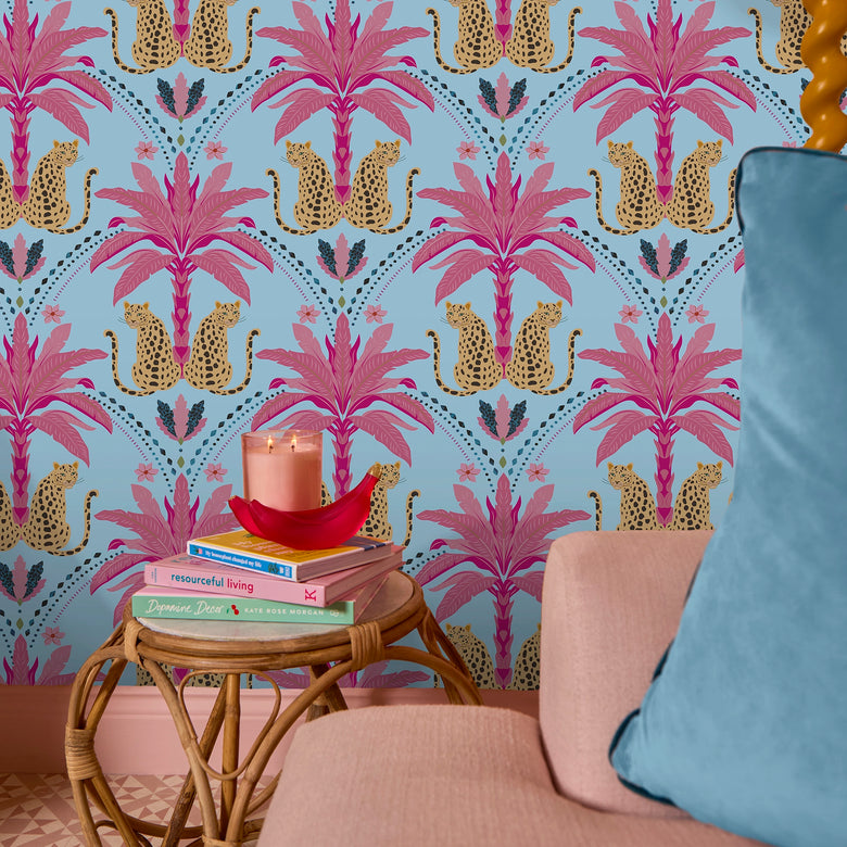 Belize Leopard Wallpaper in Hot Pink on Blueberry