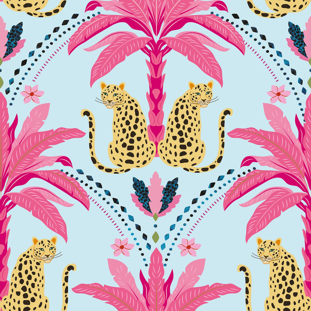 Sample of Belize Leopard Wallpaper in Hot Pink on Blueberry