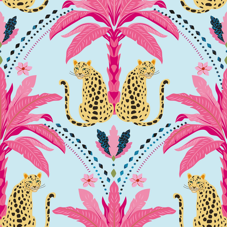 Sample of Belize Leopard Wallpaper in Hot Pink on Blueberry