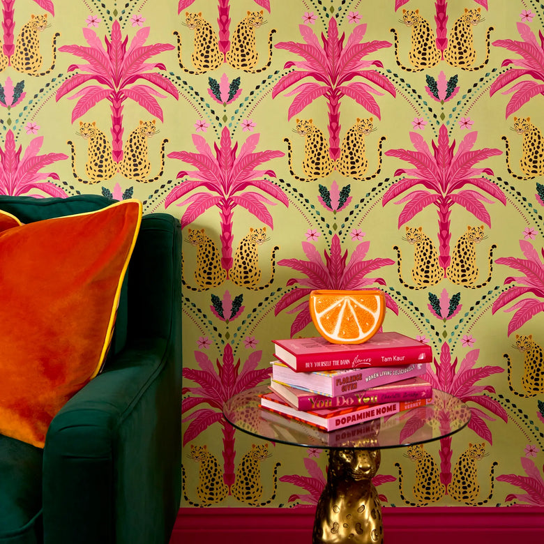 Belize Leopard Wallpaper in Hot Pink on Sage Green