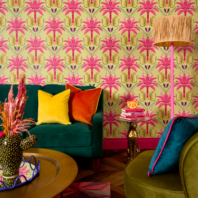 Belize Leopard Wallpaper in Hot Pink on Sage Green