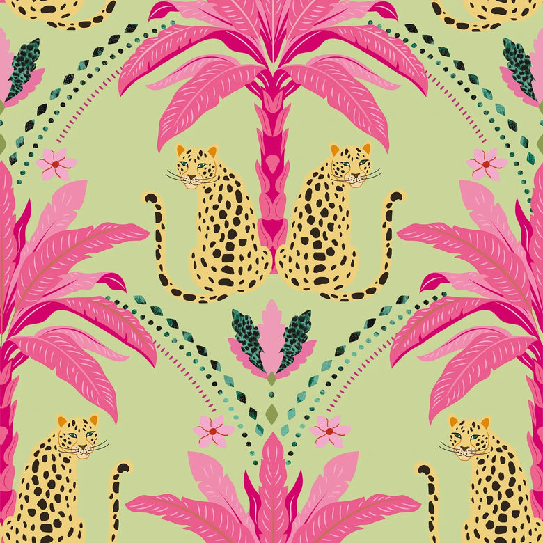 Belize Leopard Wallpaper in Hot Pink on Sage Green
