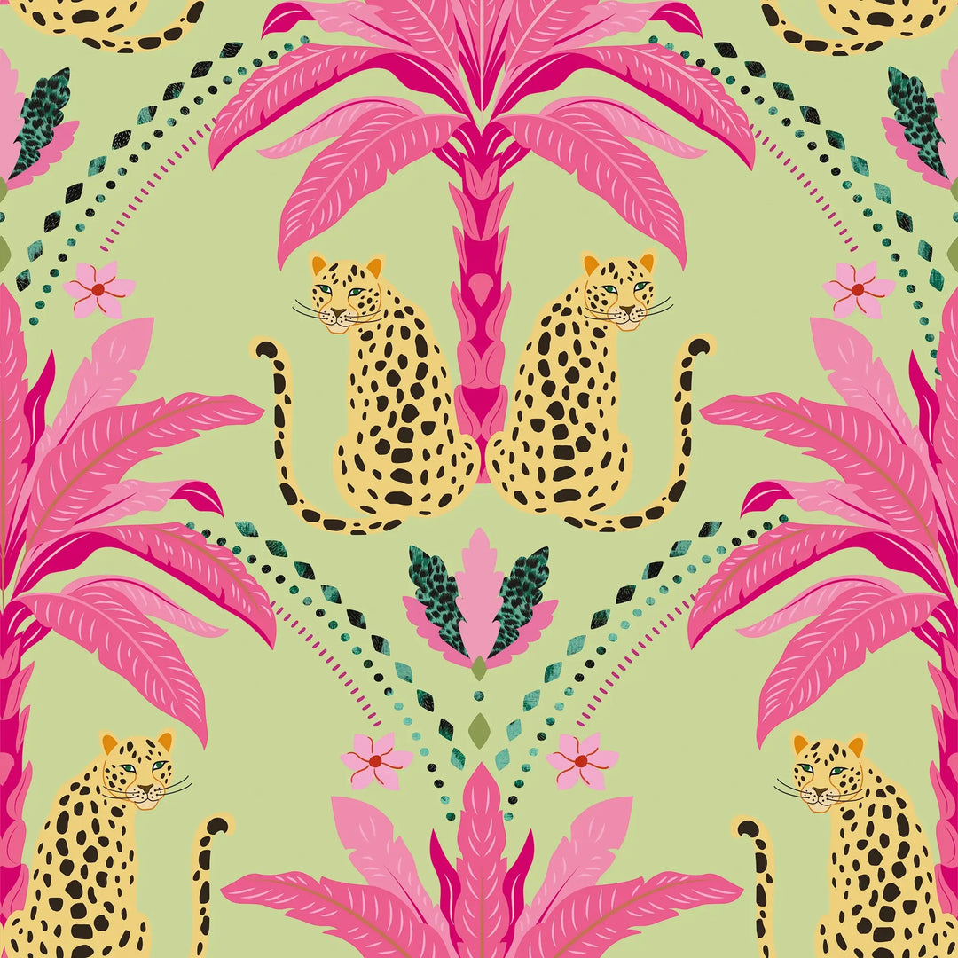 Sample of Belize Leopard Wallpaper in Hot Pink on Sage Green