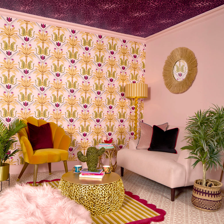 Belize Leopard Wallpaper in Lustrous Gold on Blush