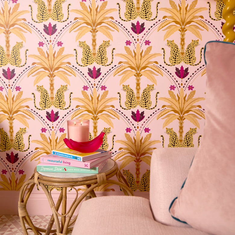 Belize Leopard Wallpaper in Lustrous Gold on Blush