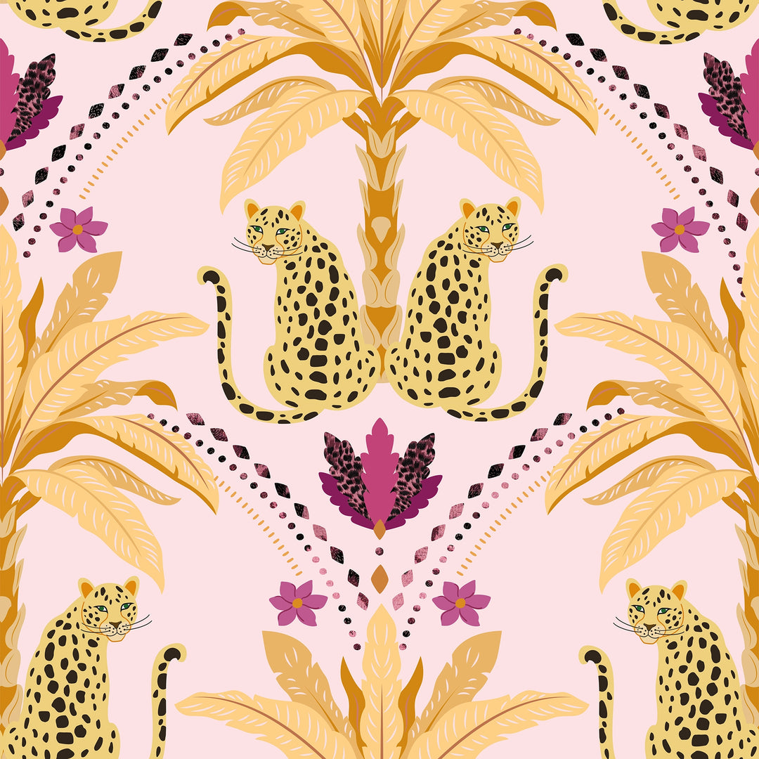 Sample of Belize Leopard Wallpaper in Lustrous Gold on Blush