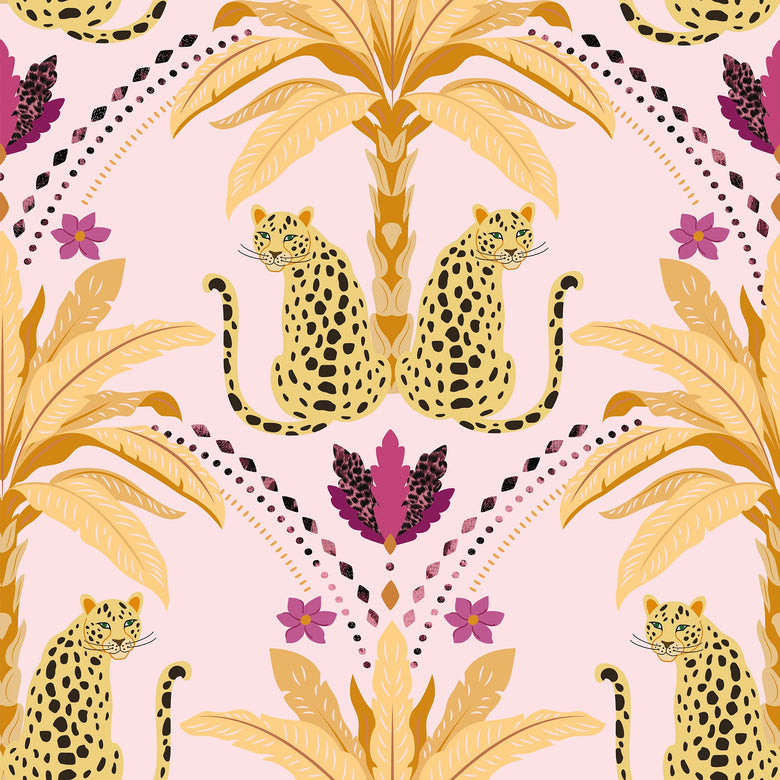Sample of Belize Leopard Wallpaper in Lustrous Gold on Blush