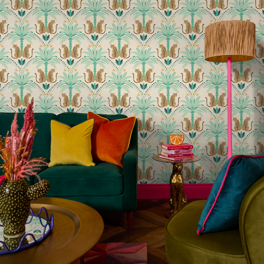 Belize Leopard Wallpaper in Soft Teal on the Cat That Licked the Cream