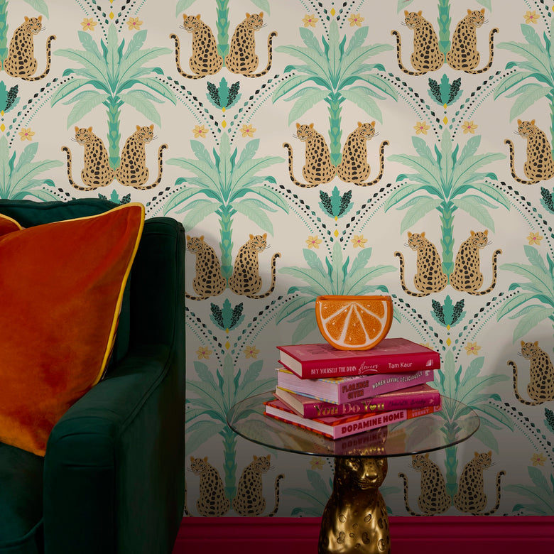 Belize Leopard Wallpaper in Soft Teal on the Cat That Licked the Cream