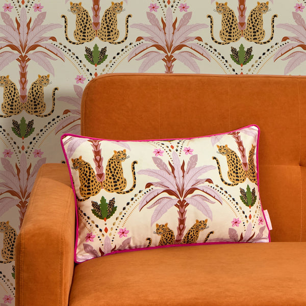 Belize Leopard Bolster Cushion in Blush on the Cat that Licked the Cream