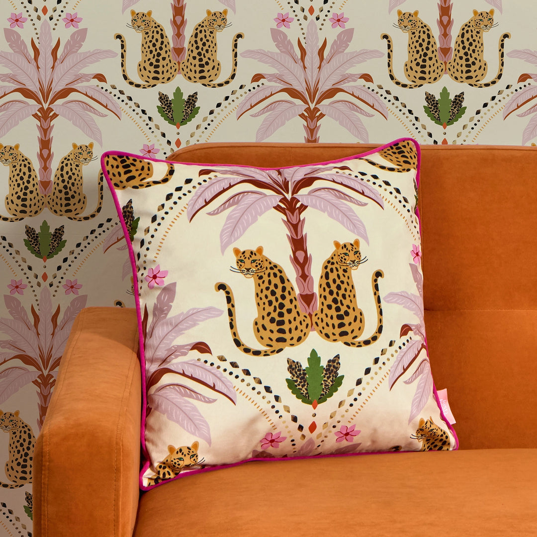 Belize Leopard Square Cushion in Blush on the Cat that Licked the Cream