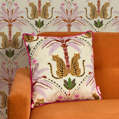 Belize Leopard Square Cushion in Blush on the Cat that Licked the Cream