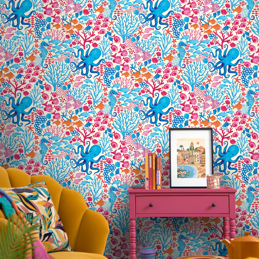 Beneath the Waves Wallpaper in Blue and Pink on Cream
