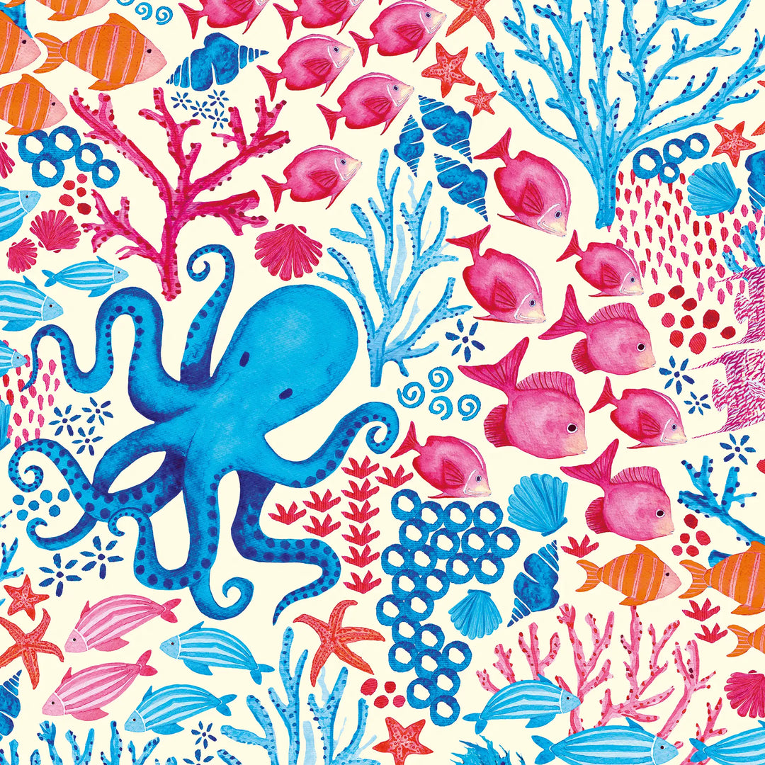 Beneath the Waves Wallpaper in Blue and Pink on Cream
