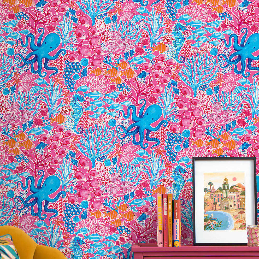 Beneath the Waves Wallpaper in Blue and Pink on Hot Pink