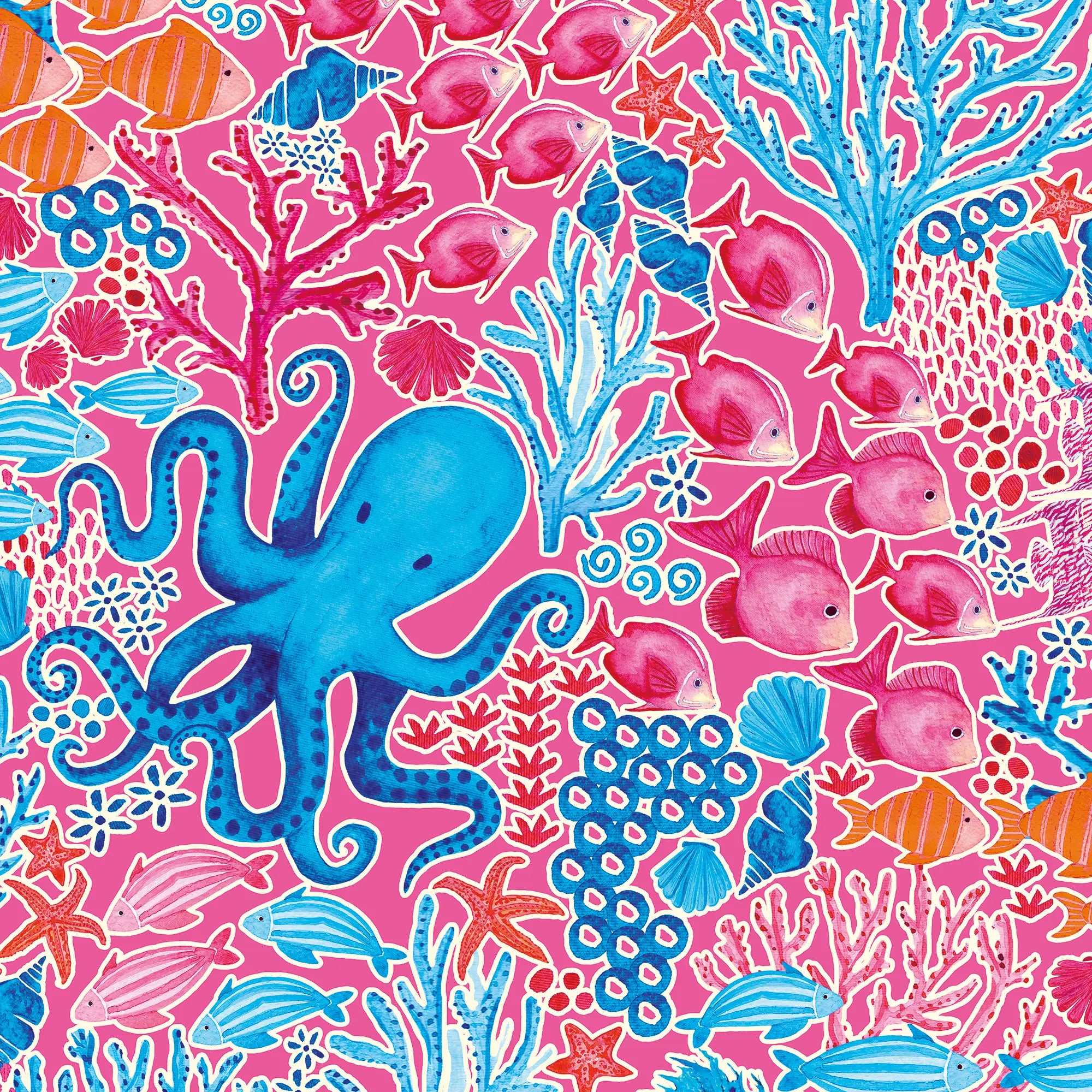 Beneath the Waves Wallpaper in Blue and Pink on Hot Pink