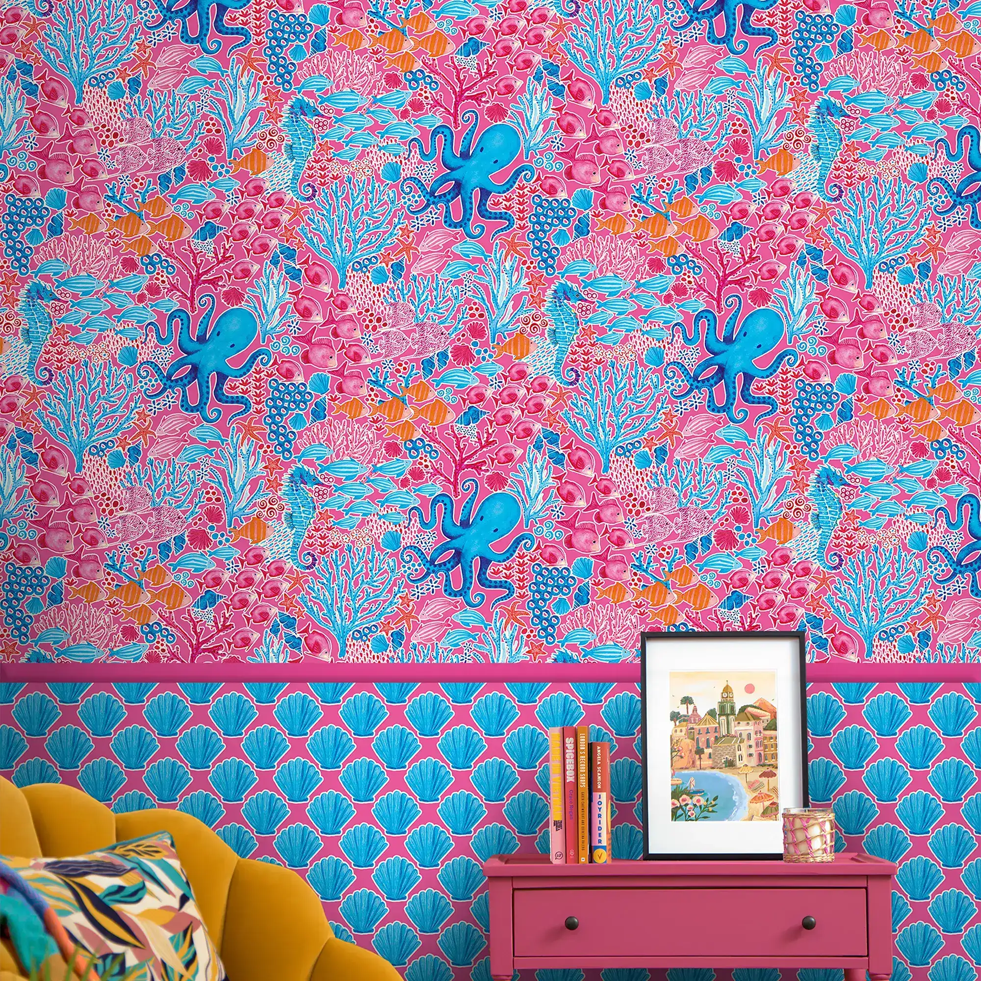 Beneath the Waves Wallpaper in Blue and Pink on Hot Pink