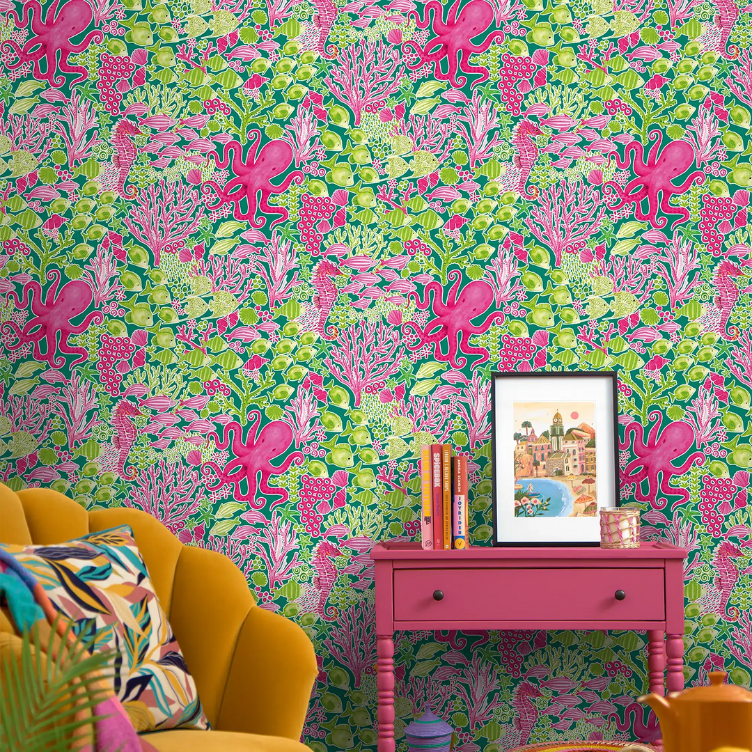 Beneath the Waves Wallpaper in Hot Pink and Green on Green