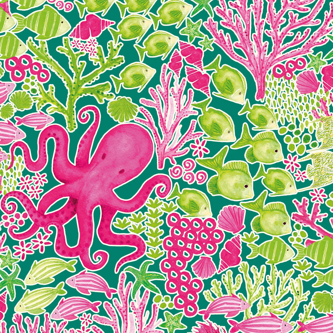 Beneath the Waves Wallpaper in Hot Pink and Green on Green
