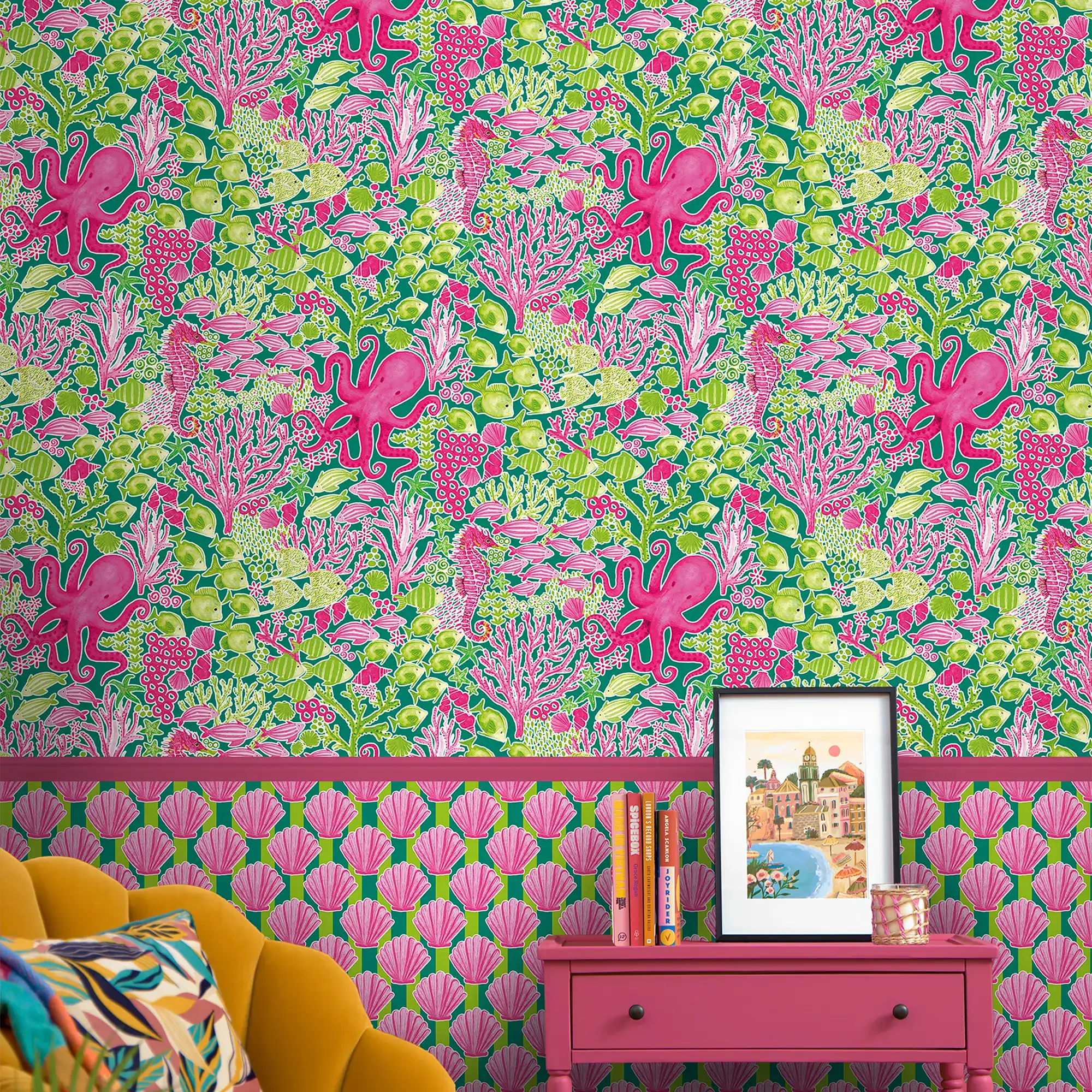 Beneath the Waves Wallpaper in Hot Pink and Green on Green