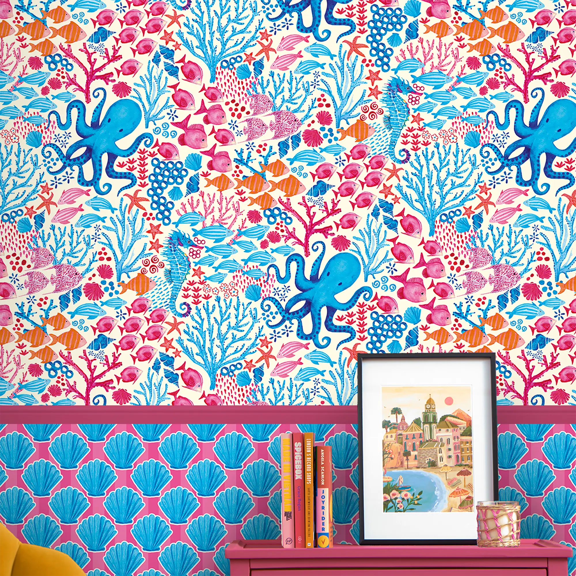 Beneath the Waves Wallpaper in Blue and Pink on Cream