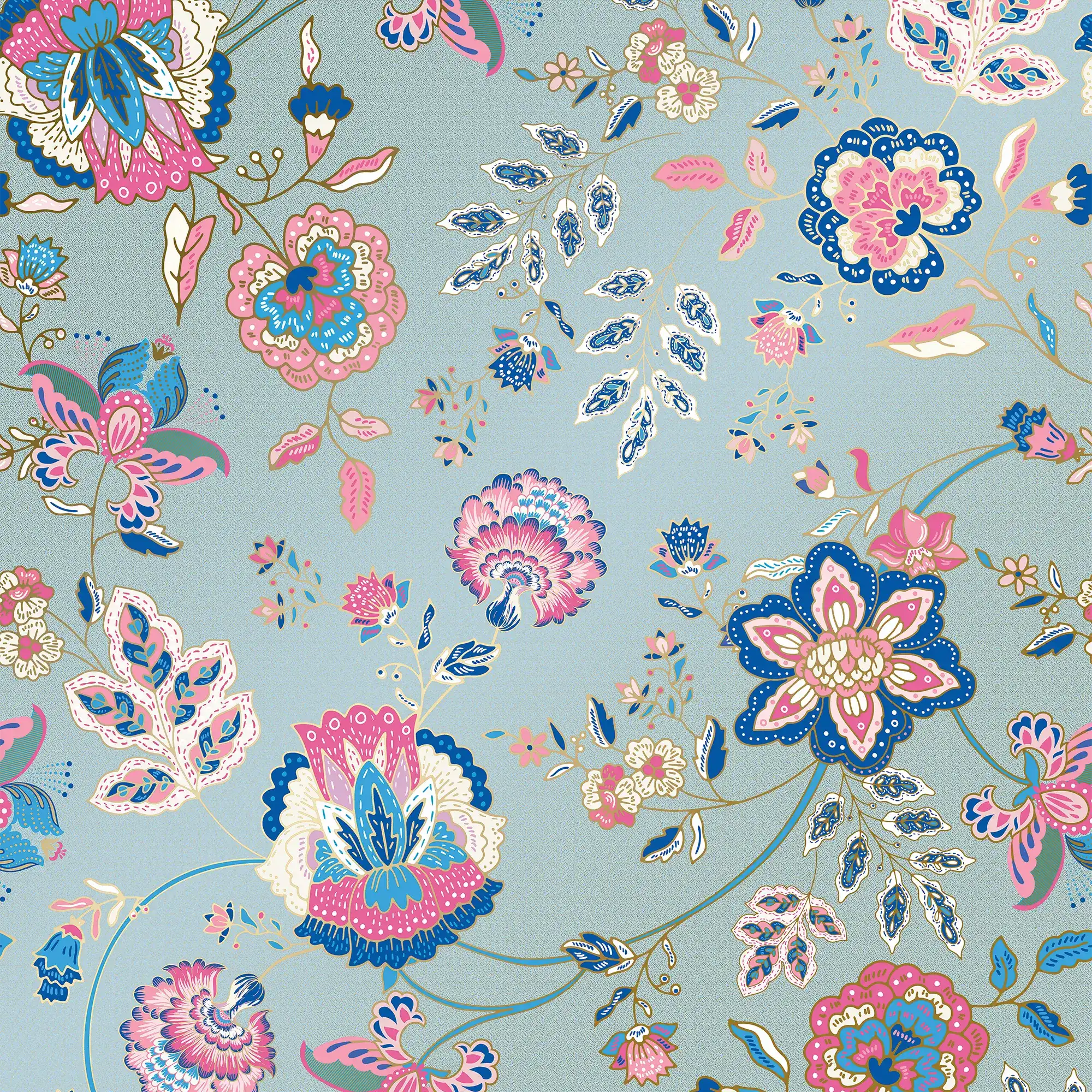 Blooming Bonanza Wallpaper in Cobalt Blue and Raspberry on Sky Blue with Gold Foil