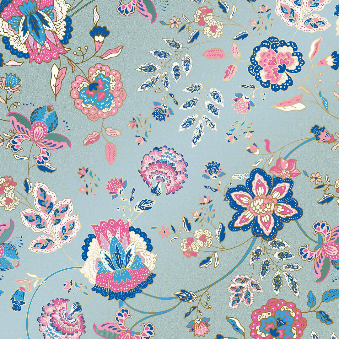Blooming Bonanza Wallpaper in Cobalt Blue and Raspberry on Sky Blue with Gold Foil