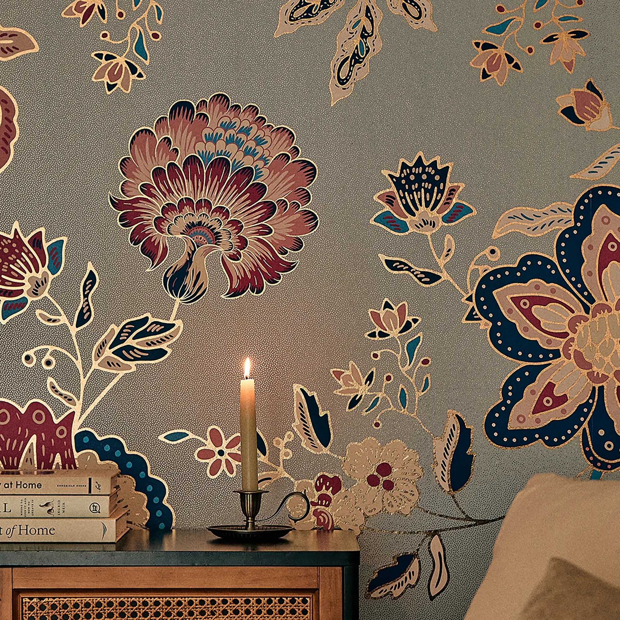 Blooming Bonanza Wallpaper in Cobalt Blue and Raspberry on Sky Blue with Gold Foil