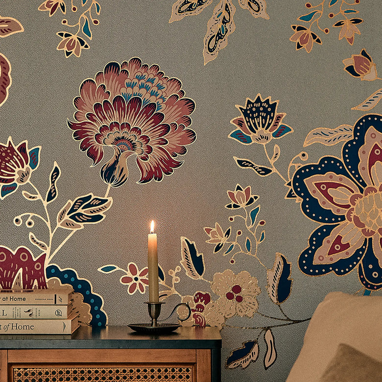 Blooming Bonanza Wallpaper in Cobalt Blue and Raspberry on Sky Blue with Gold Foil