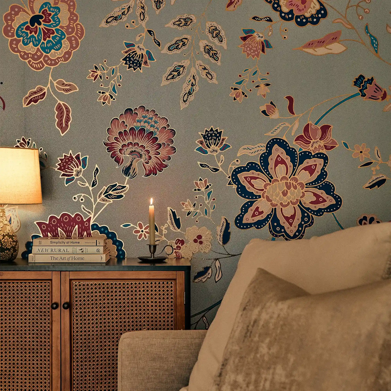 Blooming Bonanza Wallpaper in Cobalt Blue and Raspberry on Sky Blue with Gold Foil
