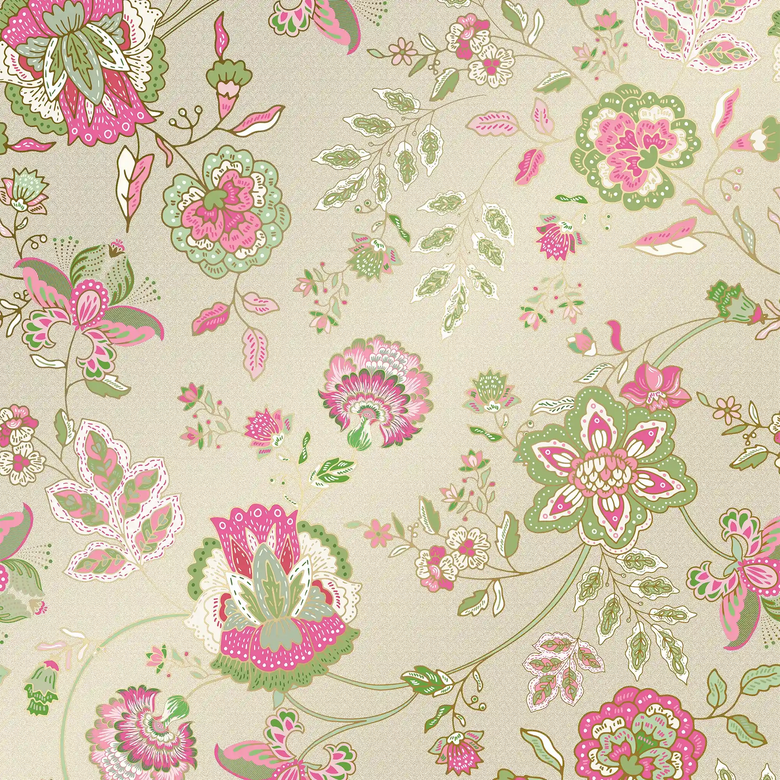 Blooming Bonanza Wallpaper in Green and Raspberry on Cream with Gold Foil