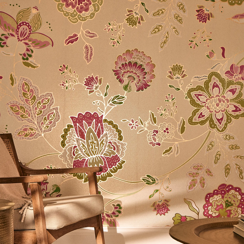 Blooming Bonanza Wallpaper in Green and Raspberry on Cream with Gold Foil