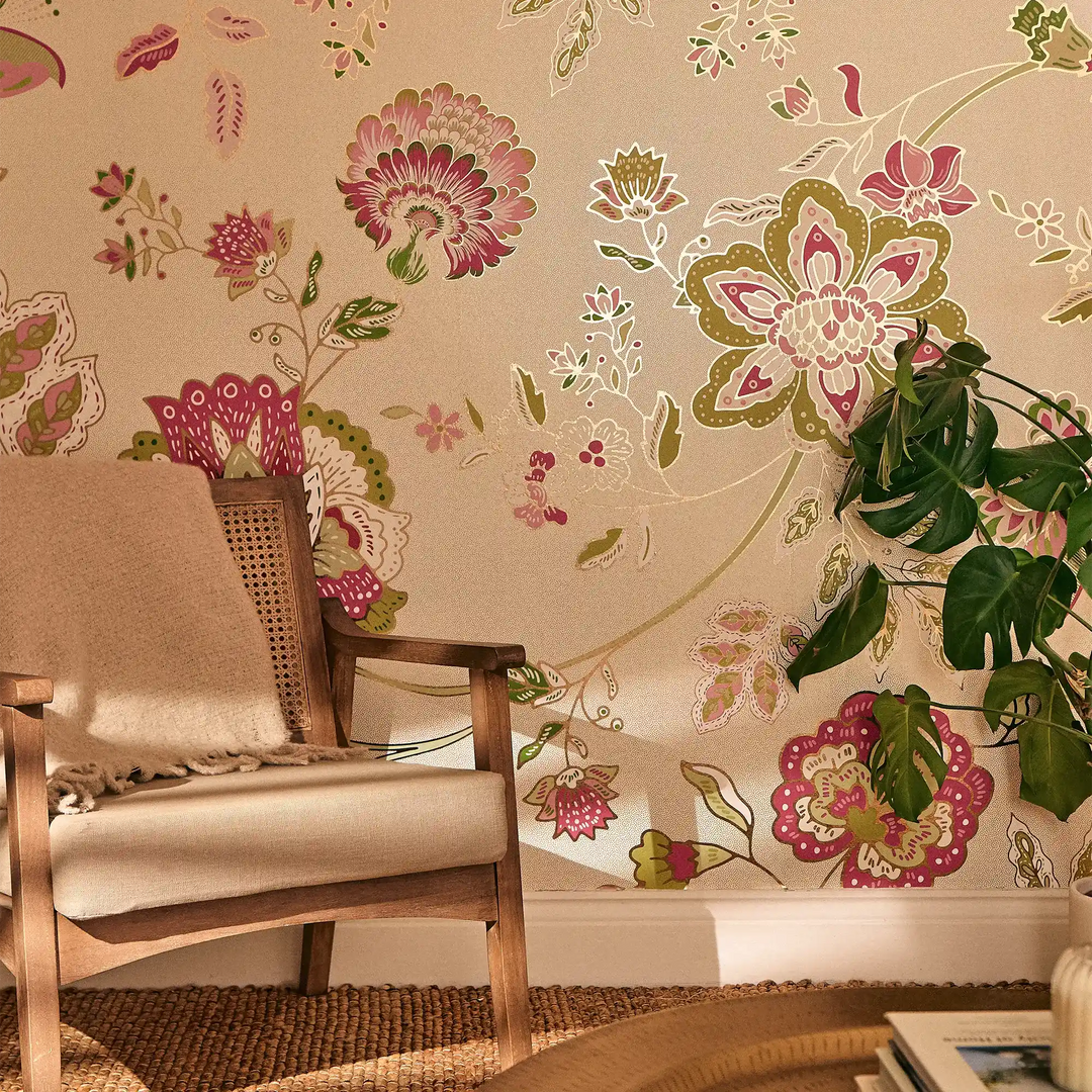 Blooming Bonanza Wallpaper in Green and Raspberry on Cream with Gold Foil