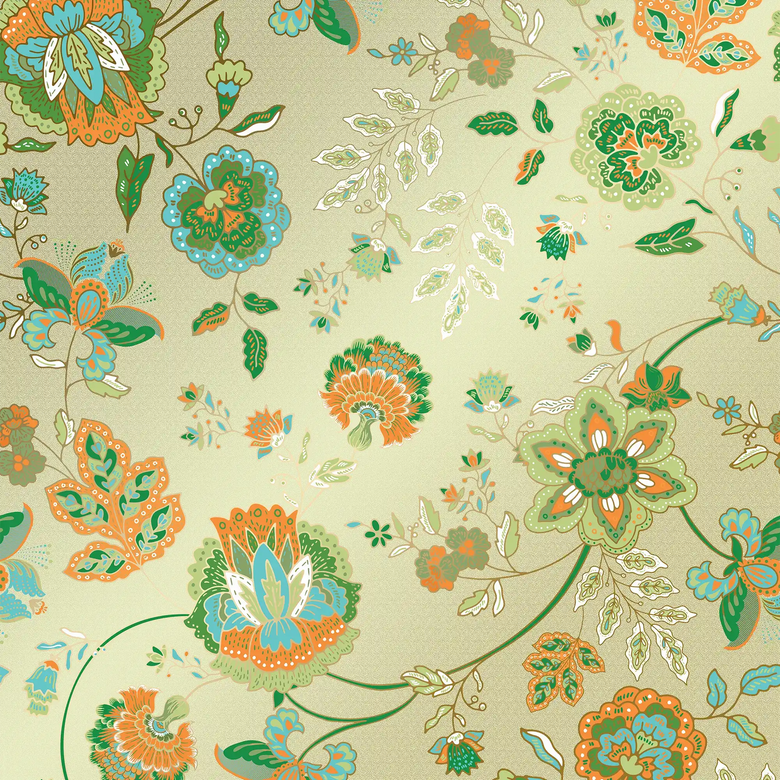 Blooming Bonanza Wallpaper in Turquoise and Orange on Light Green with Gold Foil