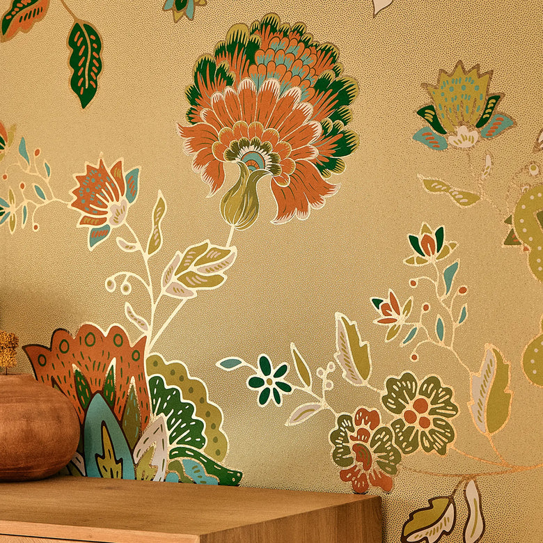 Blooming Bonanza Wallpaper in Turquoise and Orange on Light Green with Gold Foil