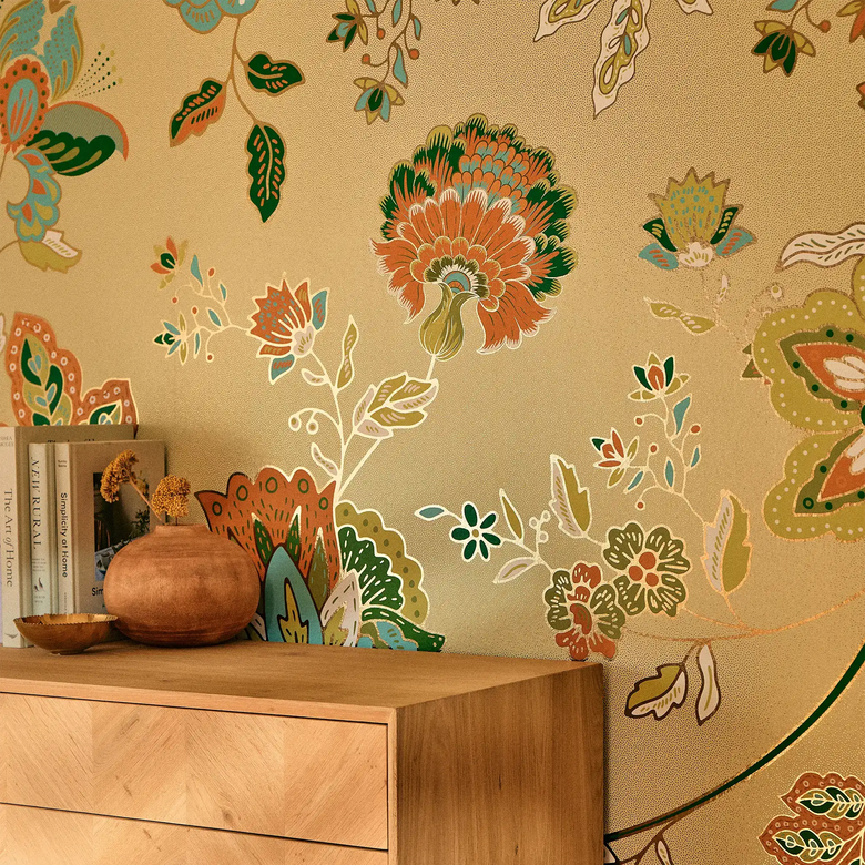 Blooming Bonanza Wallpaper in Turquoise and Orange on Light Green with Gold Foil
