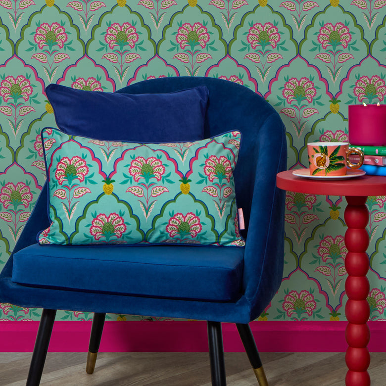 Blooming Geometric Bolster Cushion in Pinks on Greens