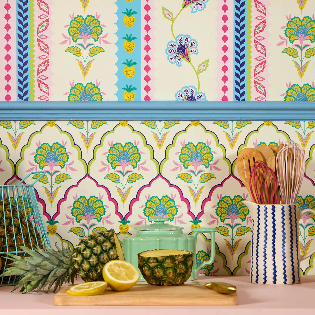 Blooming Geometric Wallpaper in Brights on Cream