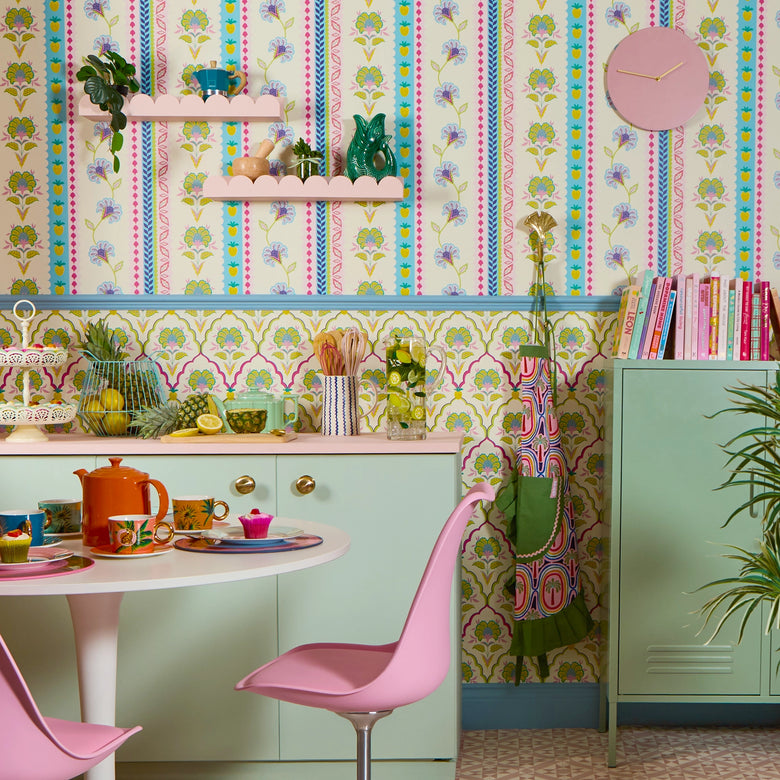 Blooming Geometric Wallpaper in Brights on Cream