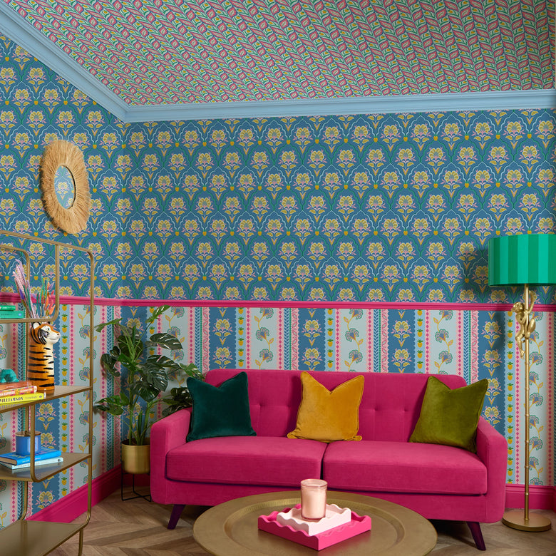 Blooming Geometric Wallpaper in Pink, Yellow and Blue