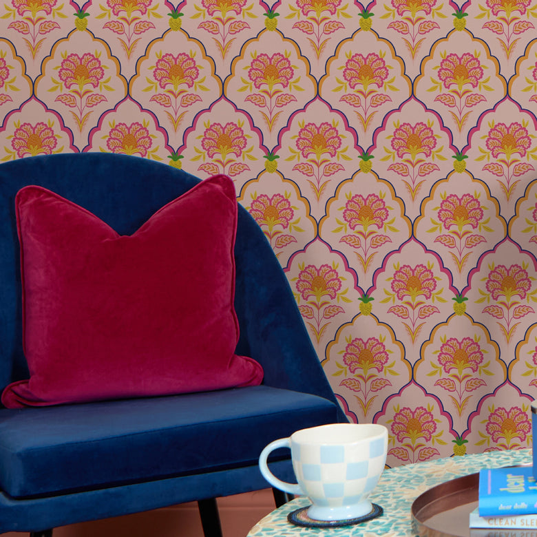 Blooming Geometric Wallpaper in Pinks, Orange and Yellow