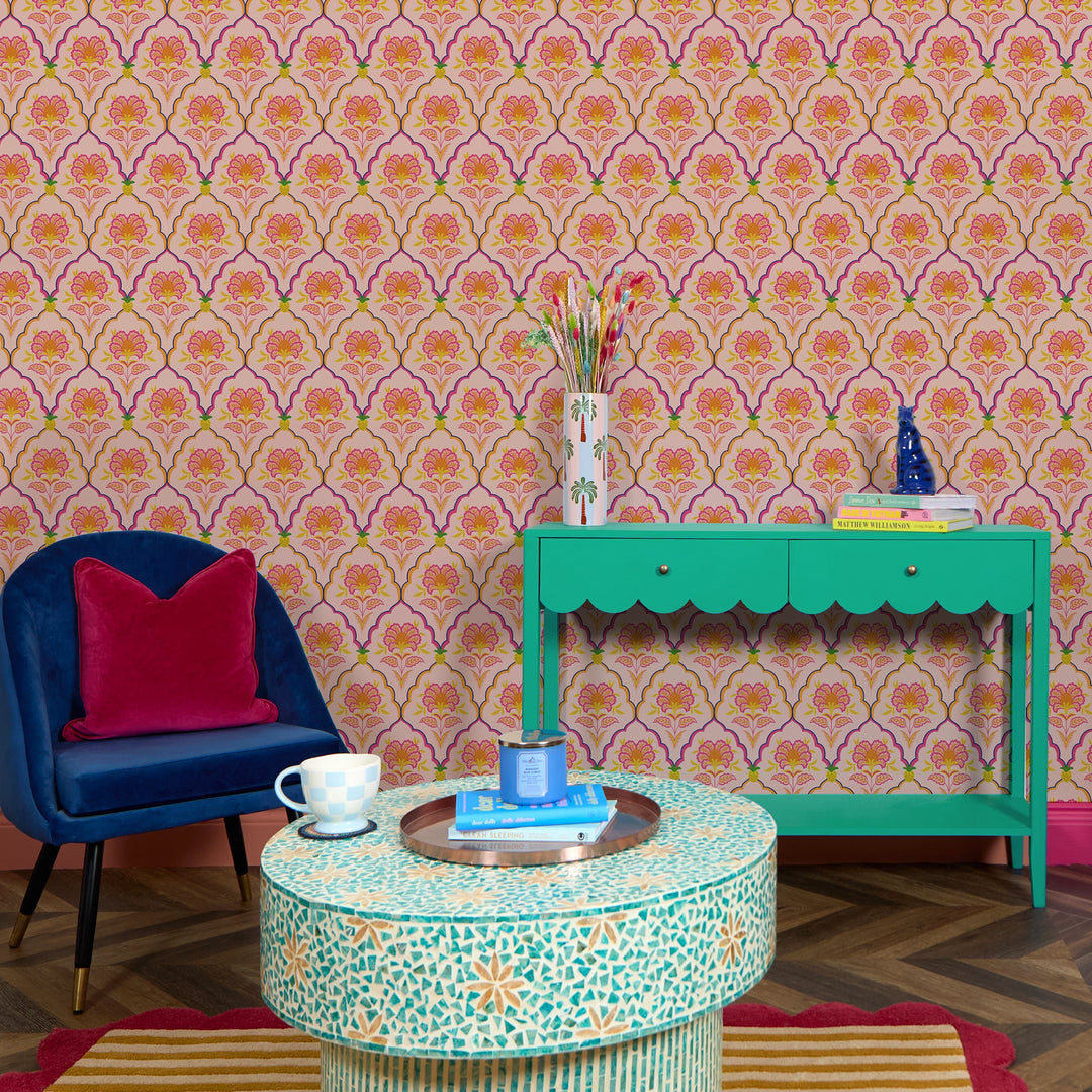 Blooming Geometric Wallpaper in Pinks, Orange and Yellow