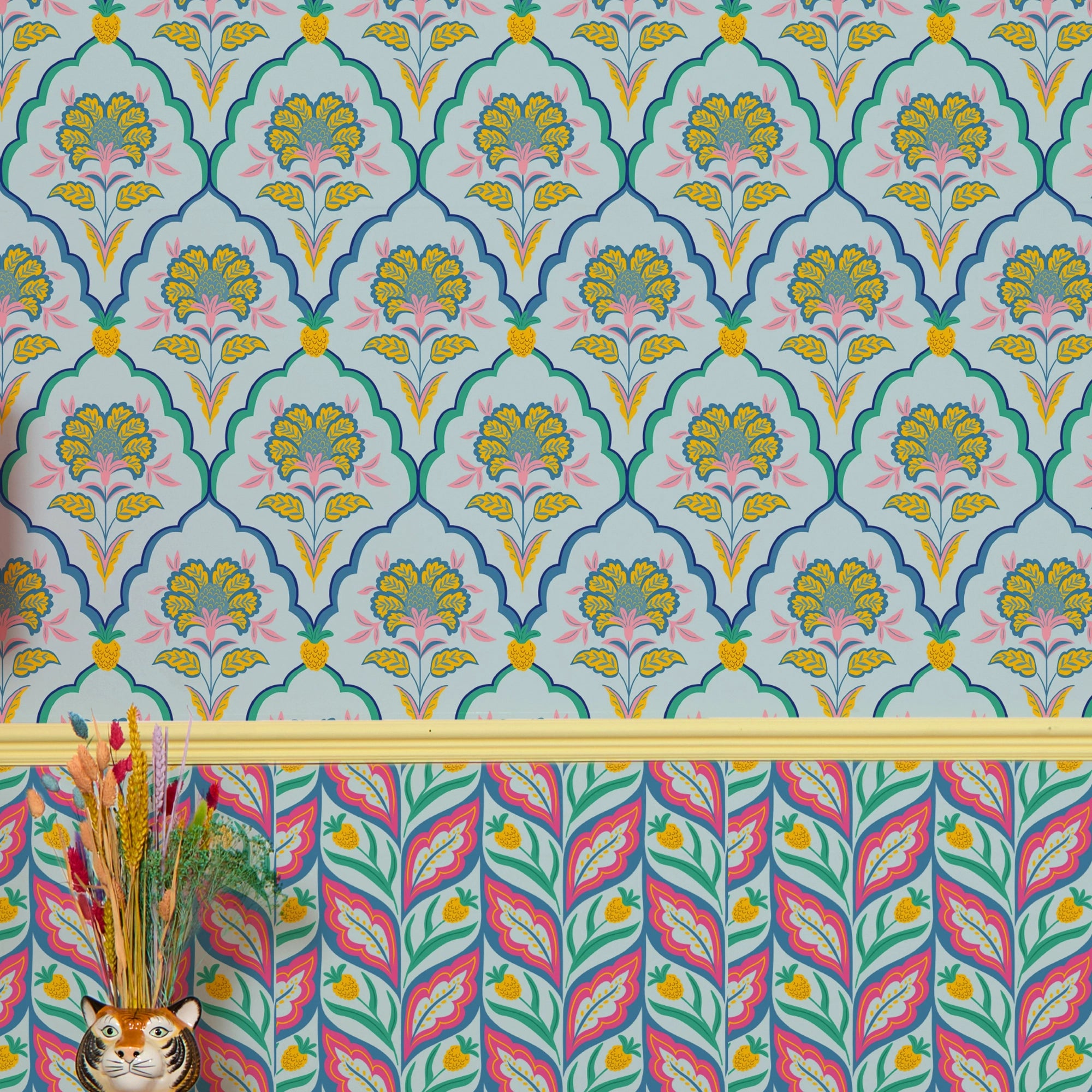 Blooming Geometric Wallpaper in Pinks on Blues