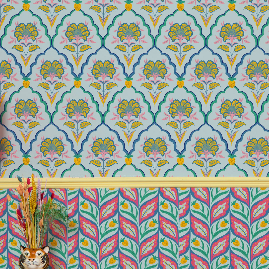 Blooming Geometric Wallpaper in Pinks on Blues