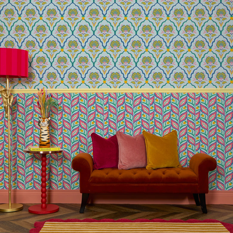 Blooming Geometric Wallpaper in Pinks on Blues