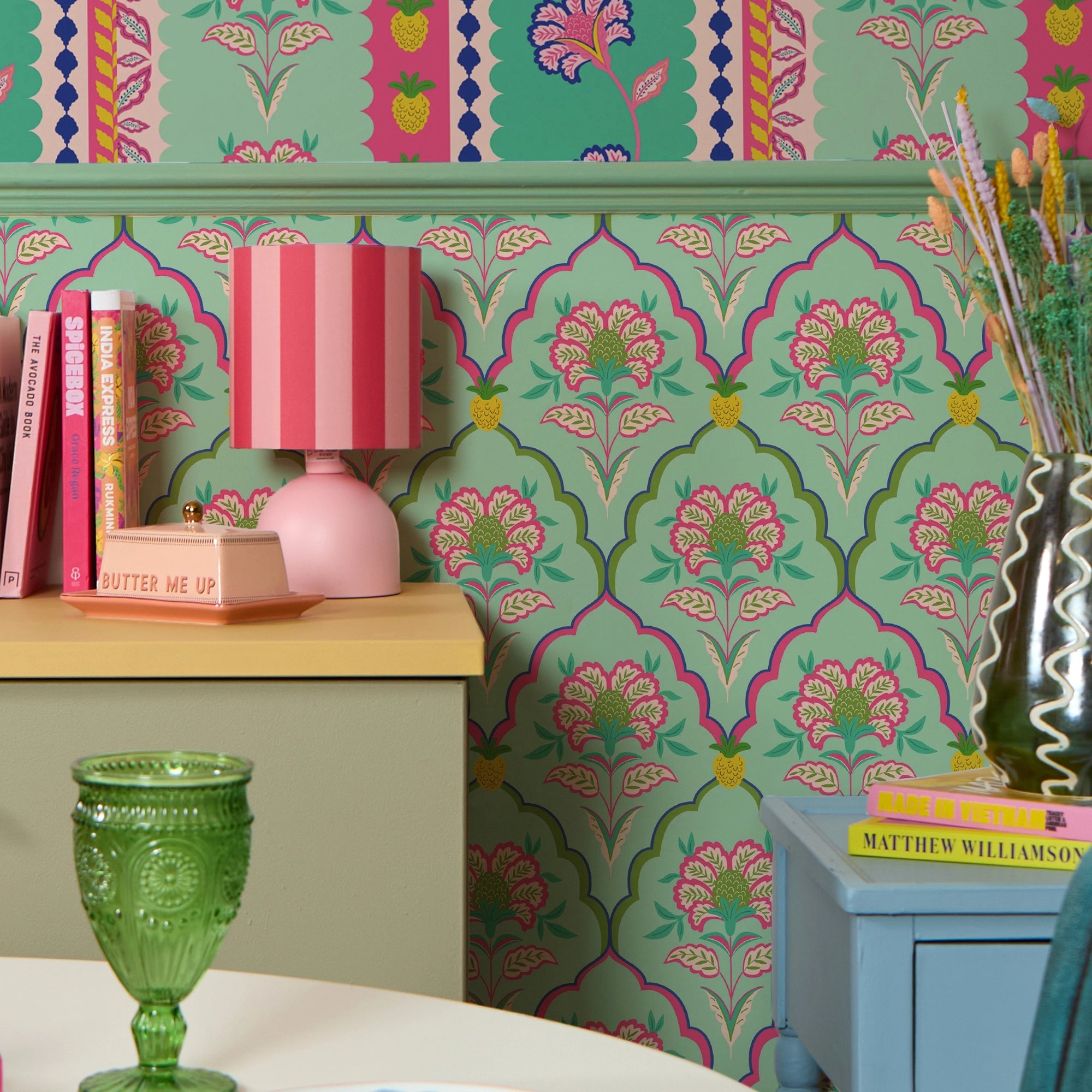 Blooming Geometric Wallpaper in Pinks on Greens